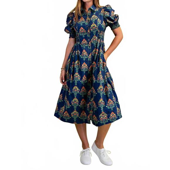 GIGIO Dresses & Skirts - NEW GIGIO floral puff sleeve midi dress in navy
